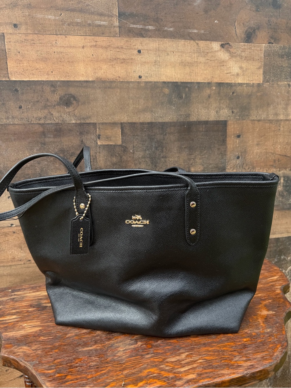 Coach Black Leather Tote with Gold Hardware